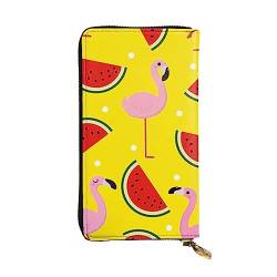 TOMPPY Pink Flamingo und Wassermelone bedruckte Damen lange Geldbörse mit Reißverschluss rund um Geldbörse Clutch Kartenhalter Organizer, Schwarz , Einheitsgröße von TOMPPY