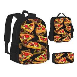 TOMPPY Pizza 3D bedruckte Büchertasche mit Lunchtasche und Federmäppchen für Elementar, 3-teiliges Rucksack-Set, Schwarz , Einheitsgröße, Schulranzen-Set von TOMPPY