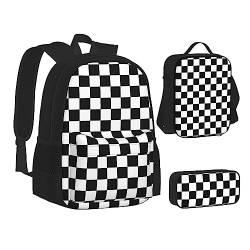 TOMPPY Schwarz-weiß karierte bedruckte Büchertasche mit Lunchtasche und Federmäppchen für Elementar-, 3-teiliges Rucksack-Set, Schwarz , Einheitsgröße, Schulranzen-Set von TOMPPY