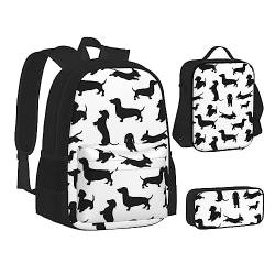 TOMPPY Schwarze Hunde bedruckte Büchertasche mit Lunchtasche und Federmäppchen für Grundschule, 3-teiliges Rucksack-Set, Schwarz , Einheitsgröße, Schulranzen-Set von TOMPPY