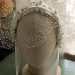 NIBEIWEISHOP Handgefertigt Französisch Elegante Retro Mesh Satin Satin Perle Stirnband Braut Kopfschmuck Hochzeit Fotografie Reise Zubehör Braut Haarschmuck von TOMYEUS