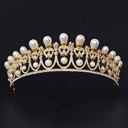 NIBEIWEISHOP Silberfarbe Vintage Kristall Braut Tiaras Kronen Strass Festzug Braut Haarzubehör Perle Hochzeit Diadem Mode Stirnbänder (Metal Color : Gold Color) von TOMYEUS