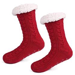 TONAUP Damen Kuschelsocken Stoppersocken Warme Rutschsichere Hüttensocken Dicke Hausschuhe Socken Flauschig Geschenk Winter Weihnachtssocken- Rot von TONAUP
