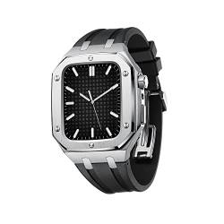 TONECY Metallgehäuse für Apple Watch 8, 45 mm, Silikonband für iWatch 7, 6, 5, 4, SE, 44 mm, Zubehör, Herren-Vollschutzhülle mit Werkzeug (Farbe: Silber-Schwarz, Größe: 45 mm für 8) von TONECY