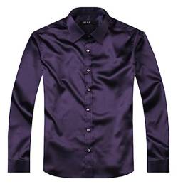 TONGFANG Langarmhemd Mit Knopfleiste for Herren Einfarbig Satin Formelles Hemd Hochzeitsfeier Abschlussballhemd (Color : Purple B, Size : 3XL) von TONGFANG