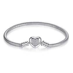 Armband mit Herz-Medaillon, Schlangenkette, für Charm-Perlen, 925er Sterlingsilber, Zirkonia, für Mädchen, 17,8 cm von TONGZHE