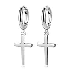 Dainty Cross Dangle Ohrringe 925 Sterling Silber Huggie Creolen für Frauen Mädchen (Rhodium) von TONGZHE