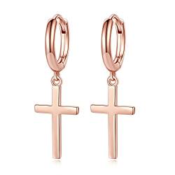 Dainty Cross Dangle Ohrringe 925 Sterling Silber Huggie Creolen für Frauen Mädchen (Roségold) von TONGZHE