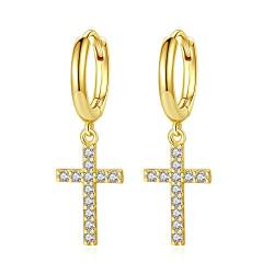 Dainty Cross Ohrhänger 925 Sterling Silber Zirkonia Creolen für Frauen Mädchen (18 Karat Gold) von TONGZHE