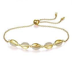 TONGZHE Puka Muschel Armband 925 Sterling Silber Zirkonia Kauri Fußkettchen 10 Verstellbar für Frauen Mädchen (18K Gold) von TONGZHE