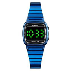 TONSHEN Damen Digital Uhren Berühren Beleuchtung LED Elektronik Beleuchtung Edelstahl Armbanduhr (Blau) von TONSHEN