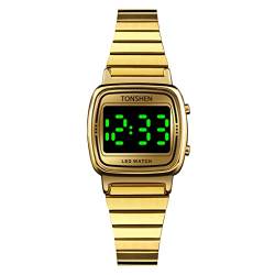 TONSHEN Damen Digital Uhren Berühren Beleuchtung LED Elektronik Beleuchtung Edelstahl Armbanduhr (Gold) von TONSHEN