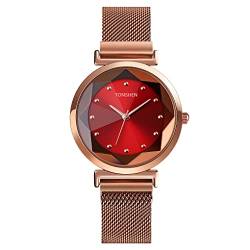 TONSHEN Damen Edelstahl Uhr Elegant Analog Quarz Uhren Fashion Kristall Armbanduhr (Rot) von TONSHEN
