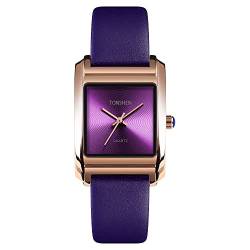 TONSHEN Damen Fashion Luxus Analog Quarz Uhren Elegant Edelstahl Lünetten mit Leder Band Armbanduhr (Violett) von TONSHEN