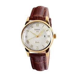 TONSHEN Damen Golden Edelstahl Uhren Analog Quarzuhr Braun Leder Band Uhren Armbanduhr Einfaches Design Damenuhr von TONSHEN