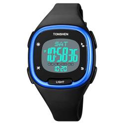 TONSHEN Damen Plastik Digital Sport Doppelte Zeit Wasserdicht Uhren Digitaluhr Sportuhr LED Elektronik Countdown Alarm Armbanduhr (Blau) von TONSHEN