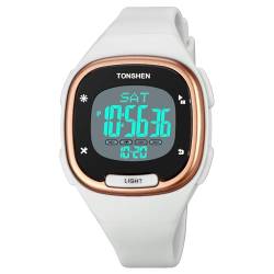 TONSHEN Damen Plastik Digital Sport Doppelte Zeit Wasserdicht Uhren Digitaluhr Sportuhr LED Elektronik Countdown Alarm Armbanduhr (Weiß) von TONSHEN