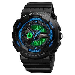 TONSHEN Damen Uhr Multifunktional Outdoor Militär Sportuhr 50M Wasserdicht Analog Quarz LED Doppelte Zeit Digital Uhren Plastik Lünette und Kautschuk Band (Blau) von TONSHEN