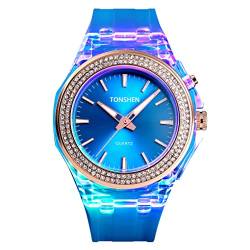 TONSHEN Damen und Mädchen Fashion Analog Quarz Uhren 50M Wasserdicht Plastik Lünette und Kautschuk Band Armbanduhr (Blau) von TONSHEN