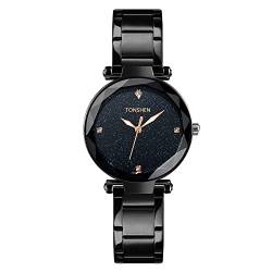 TONSHEN Damen und Mädchen Luxus Elegant Uhren Analog Quarz Edelstahl Casual Elegant Armbanduhr (Schwarz) von TONSHEN
