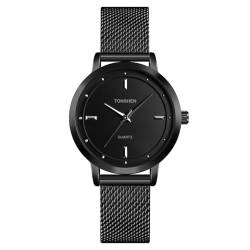 TONSHEN Damenuhr Analog Quarz Uhren Edelstahl Armbanduhr Einfaches Design (Schwarz) von TONSHEN