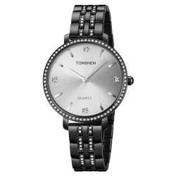 TONSHEN Damenuhr Analog Quarz Uhren Edelstahl Kristall Armbanduhr (Schwarz Silber) von TONSHEN