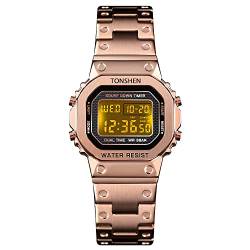 TONSHEN Damenuhr Edelstahl Digitaluhr Sportuhr LED Elektronik Outdoor Multifunktional Doppelte Zeit Countdown Alarm Stoppuhr Uhren Casual Armbanduhr (Rose) von TONSHEN