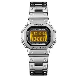 TONSHEN Damenuhr Edelstahl Digitaluhr Sportuhr LED Elektronik Outdoor Multifunktional Doppelte Zeit Countdown Alarm Stoppuhr Uhren Casual Armbanduhr (Silber) von TONSHEN