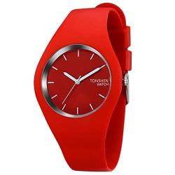 TONSHEN Damenuhr Fashion Analog Quarz Uhren Einfach Casual Kautschuk Armbanduhr für Damen Mädchen 12 Farbe (Rot) von TONSHEN