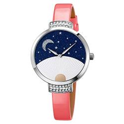 TONSHEN Damenuhr Fashion Analog Quarz Uhren Elegant Edelstahl Lünette mit Leder Band Armbanduhr (Rosa) von TONSHEN