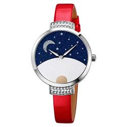 TONSHEN Damenuhr Fashion Analog Quarz Uhren Elegant Edelstahl Lünette mit Leder Band Armbanduhr (Rot) von TONSHEN