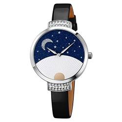 TONSHEN Damenuhr Fashion Analog Quarz Uhren Elegant Edelstahl Lünette mit Leder Band Armbanduhr (Schwarz) von TONSHEN