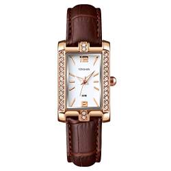 TONSHEN Damenuhr Fashion Luxus Analog Quarz Uhren Elegant Edelstahl Lünette mit Leder Band Armbanduhr (Braun) von TONSHEN