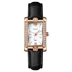 TONSHEN Damenuhr Fashion Luxus Analog Quarz Uhren Elegant Edelstahl Lünette mit Leder Band Armbanduhr (Schwarz) von TONSHEN