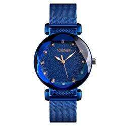 TONSHEN Damenuhr Luxus Elegant Analog Quarz Uhren Fashion Sternenhimmel Kristall Edelstahl Lünette Armbanduhr von TONSHEN