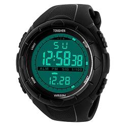 TONSHEN Digitaluhr Herren Sportuhr 50M Wasserdicht Taktische Militär LED Armbanduhr Silikon Band Datum Lichter Alarm Watch Uhren, Schwarz von TONSHEN