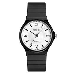 TONSHEN Einfacher Stil Damen und Mädchen Analog Quarz Uhren Plastik Lünette mit Kautschuk Band Fashion Casual Armbanduhren (Weiß) von TONSHEN