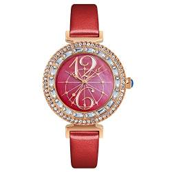 TONSHEN Fashion Analog Quarz Damen Uhren Edelstahl Lünette und Leder Band Kristallwaage Armbanduhr (Rot) von TONSHEN