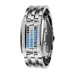 TONSHEN Fashion Binäre Edelstahl Digital Uhren für Herren und Damen Kalender LED Blau Licht Einzigartiges Design Silber Rechteck Bezel Cool Armbanduhr (Damen) von TONSHEN