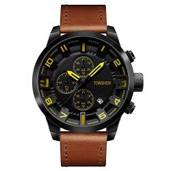 TONSHEN Fashion Casual Herren Analog Quarz Uhren Edelstahl Lünette mit Leder Band Sportuhr Kalender Stoppuhr Armbanduhr (Gelb) von TONSHEN