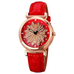 TONSHEN Fashion Damenuhr Analog Quarz Uhren Elegant Edelstahl Lünette mit Leder Band Kristall Armbanduhr (Rot) von TONSHEN