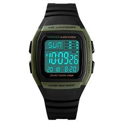 TONSHEN Fashion Herren und Damen Plastik Lünetten und Kautschuk Band Uhren Multifunktional 50M Wasserdicht LED Digitaluhr Sportuhr Outdoor Militär Armbanduhr (Grün) von TONSHEN