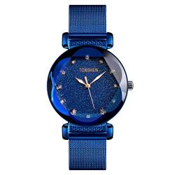 TONSHEN Fashion Luxus Damen Edelstahl Uhren Analog Quarz Elegant Sternenhimmel Kristall Armbanduhr (Blau) von TONSHEN