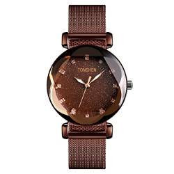 TONSHEN Fashion Luxus Damen Edelstahl Uhren Analog Quarz Elegant Sternenhimmel Kristall Armbanduhr (Braun) von TONSHEN