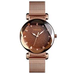 TONSHEN Fashion Luxus Damen Edelstahl Uhren Analog Quarz Elegant Sternenhimmel Kristall Armbanduhr (Gold) von TONSHEN