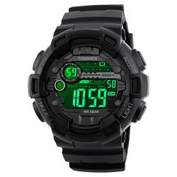 TONSHEN Herren Digital Armbanduhr Wasserdicht Militär Sportuhr Alarm Datum Kalender Uhr für Männer Plastik mit Kautschuk Band Outdoor Uhren (Schwarz) von TONSHEN