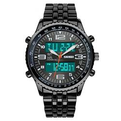 TONSHEN Herren Digital Edelstahl Uhren LED Sportuhr Multifunktionale Analog Quarzuhr Militär Doppel Zeitzone Armbanduhr Datum Stoppuhr EL Licht Schwarz von TONSHEN