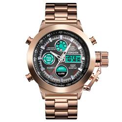 TONSHEN Herren Digital Uhren LED Elektronik Analog Quarz Doppelte Zeit Outdoor Militär Sport Edelstahl Multifunktional Armbanduhr (Gold) von TONSHEN