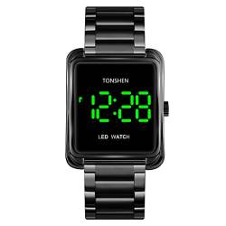TONSHEN Herren Digital Uhren LED Elektronik Beleuchtung Edelstahl Armbanduhr (Schwarz) von TONSHEN