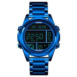 TONSHEN Herren Digital Uhren Luxus Fashion Edelstahl Uhr LED Elektronik Outdoor Multifunktional Alarm Stoppuhr Casual Sportuhr (Blau) von TONSHEN